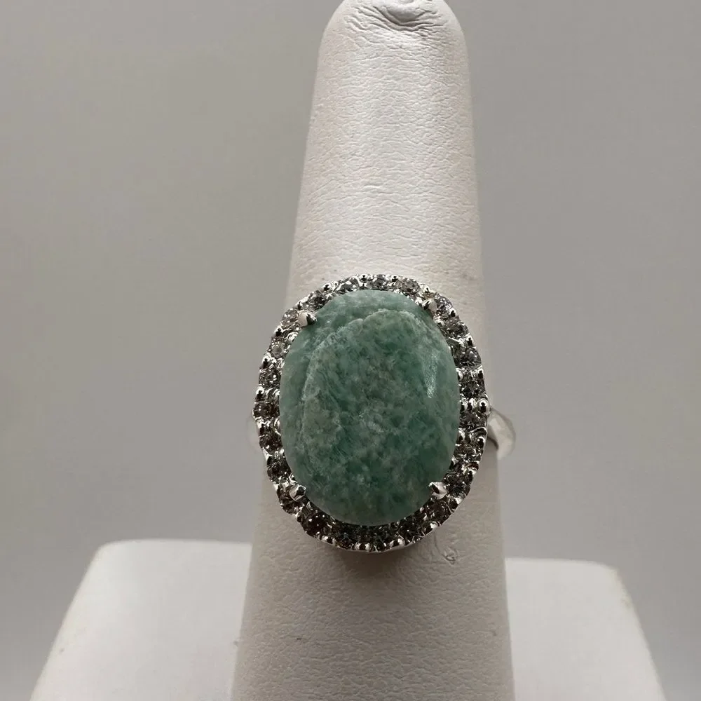 NWOT 15x11mm Oval cut Amazonite w/ halo of cz‎ diamonds in sterling silver!